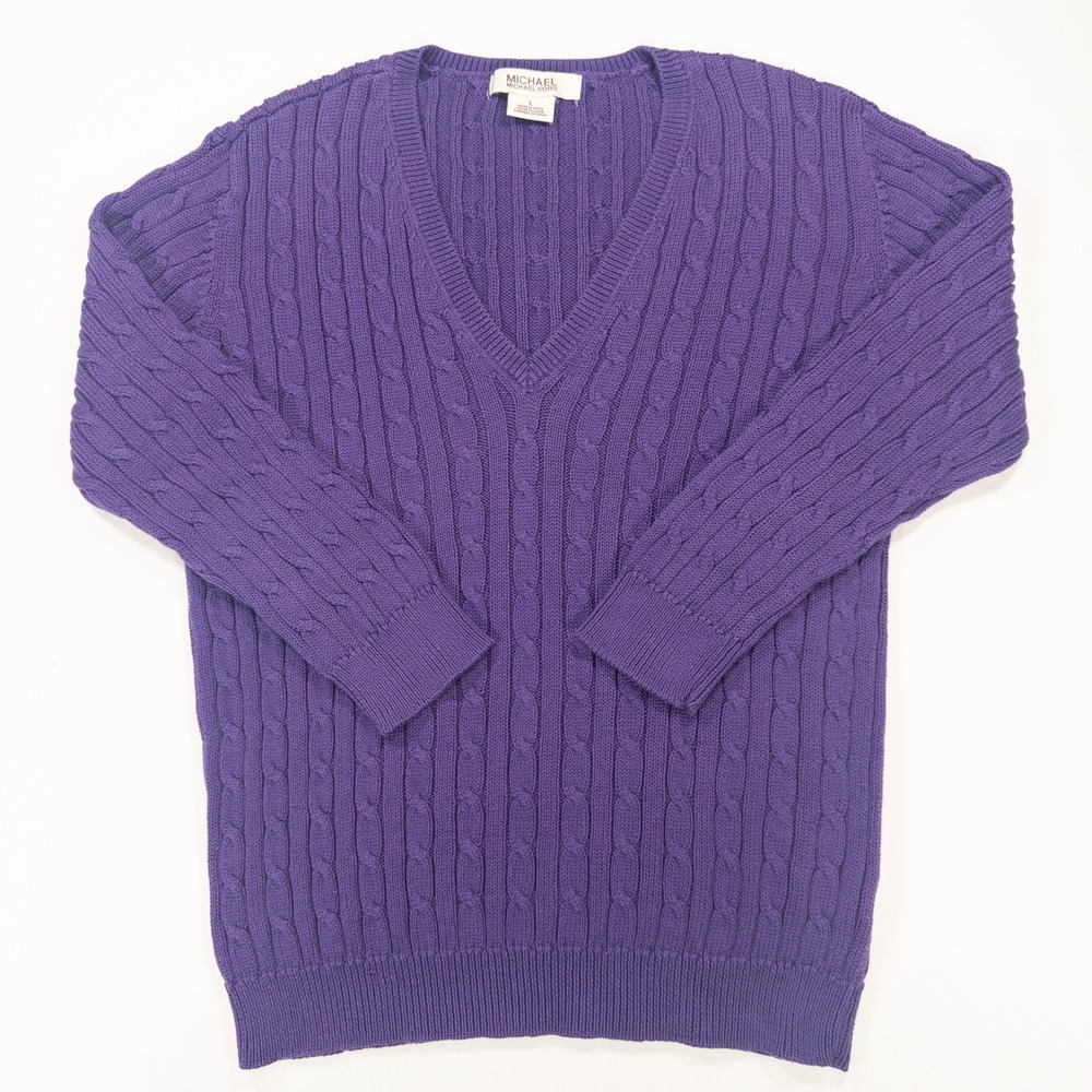 MICHAEL Michael Kors Purple Cable Knit Cotton Sweater Women Large Prep Old Money